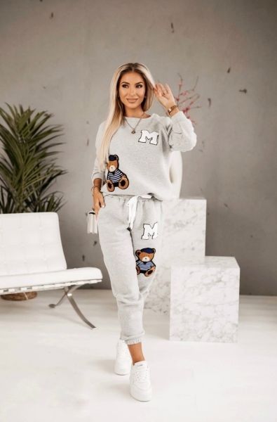 Suit sweatshirt and trousers with the letter M and teddy bears gray M37