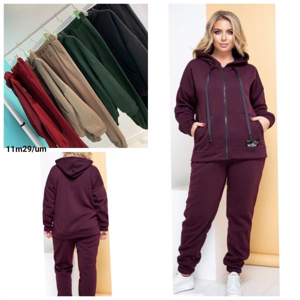 Suit Size Plus fleece sweatshirt with zipper with kangaroo pocket and trousers with burgundy cuffs M29