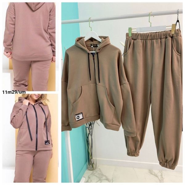 Suit Size Plus fleece sweatshirt with zipper with kangaroo pocket and trousers with cuffs beige M29