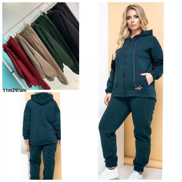 Suit Size Plus fleece sweatshirt with zipper with kangaroo pocket and trousers with emerald cuffs M29