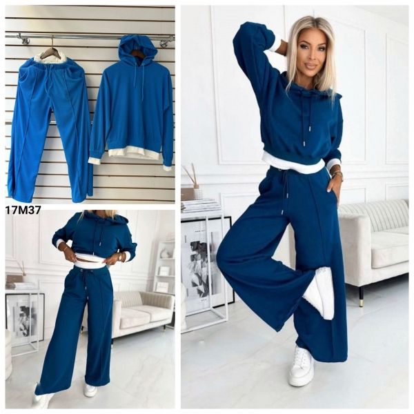 Suit sweatshirt with hood and trousers with front seams blue M37