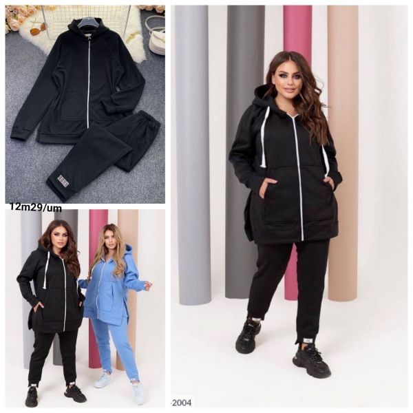 Suit Size Plus fleece sweatshirt with zipper with kangaroo pocket and slits on the sides and trousers black M29