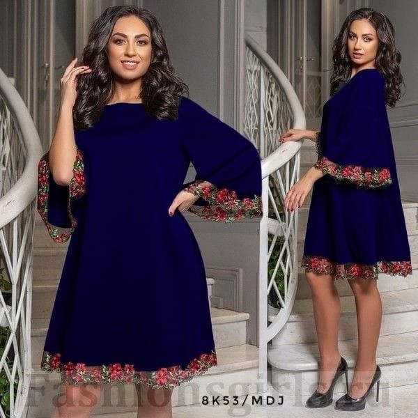 Dress Size Plus sleeve bell embroidery flowers dark blue M29 K53