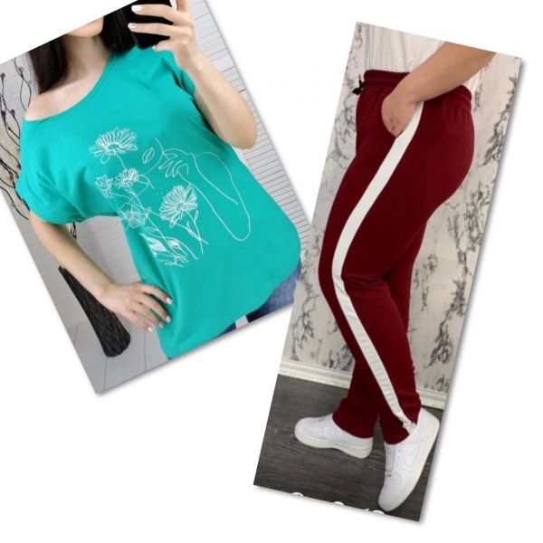 Suit turquoise T-shirt SIZE Plus women's look and flowers with burgundy trousers IN