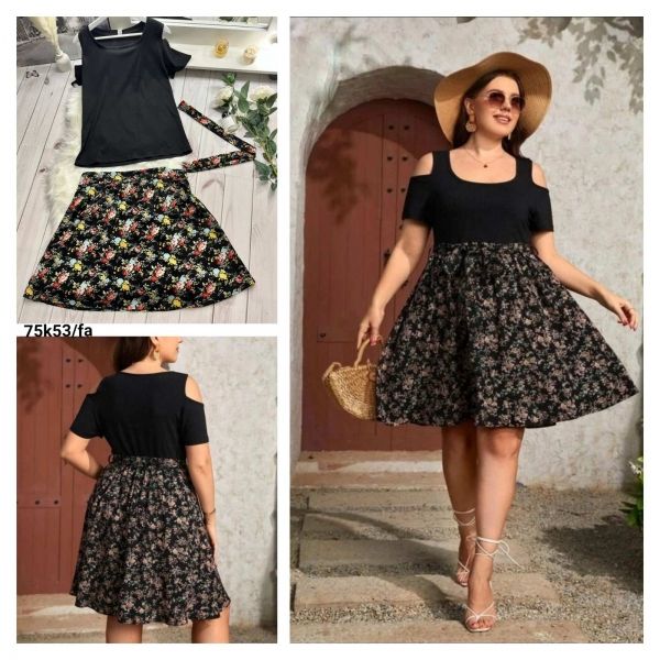 Suit Size Plus Off Shoulder T-shirt and Floral Print Skirt K53