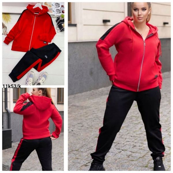 Suit Size Plus fleece sweatshirt with zipper and trousers with stripes red K53 11.23