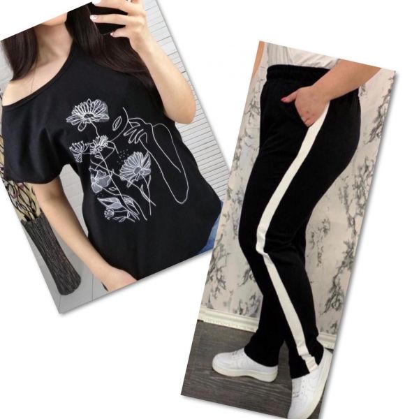 Suit black T-shirt SIZE Plus women's look and flowers with black trousers IN