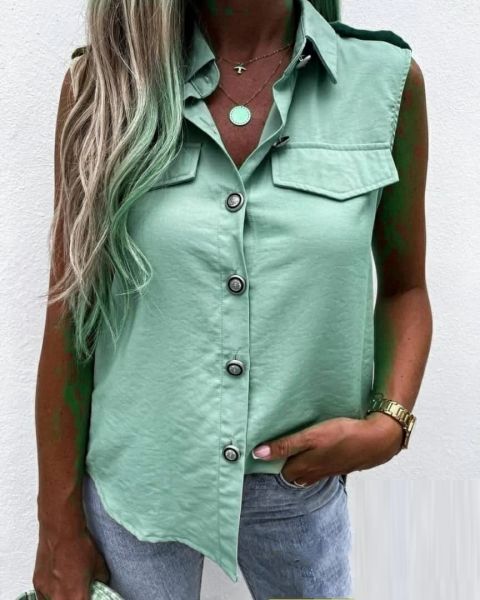 Blouse Singapore imitation pockets turquoise A133