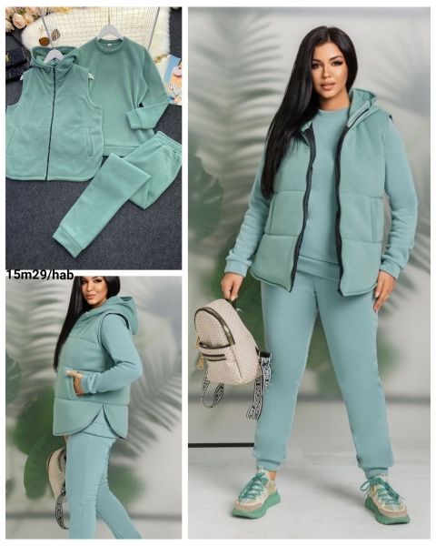 Suit Size Plus fleece sweatshirt trousers and vest with hood with zipper turquoise M29