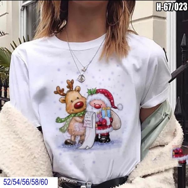 T-shirt Size Plus New Year's cartoon Santa Claus and reindeer White SV