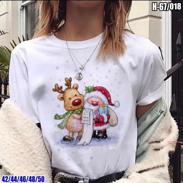 T-shirt New Year's cartoon Santa Claus and reindeer White SV