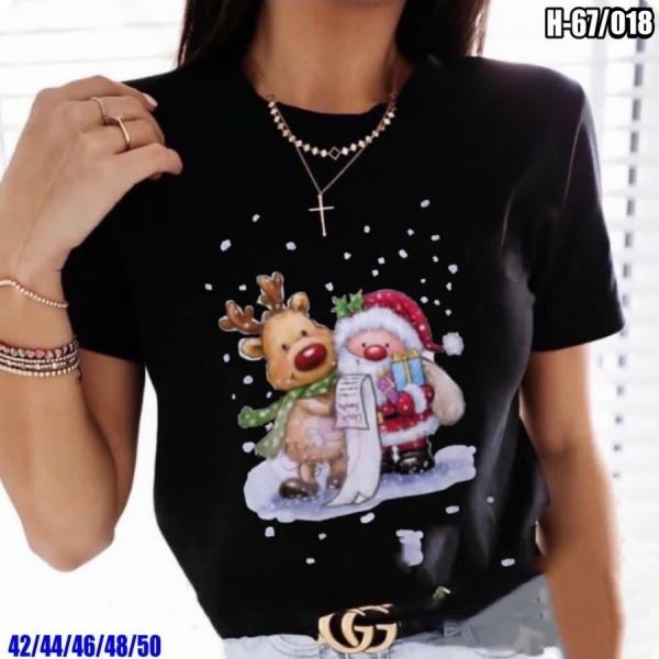 T-shirt New Year's cartoon Santa Claus and reindeer black SV