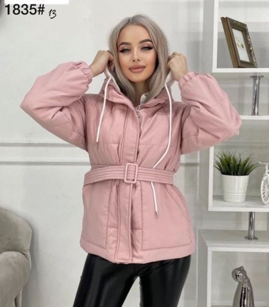 Jacket with belt and knitted hood, pink T124