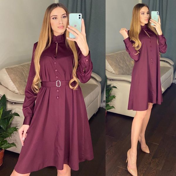 Satin dress with burgundy belt RH122