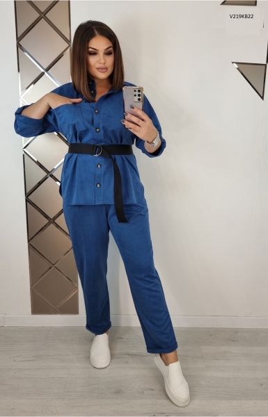 Corduroy suit with belt blue V219KB