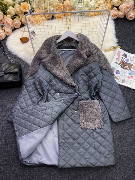 Long padding jacket with lamb fur, gray G250