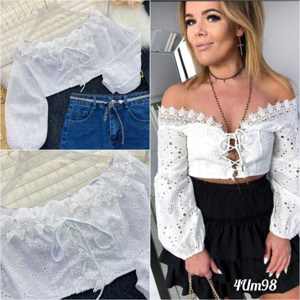 White cotton lace-up blouse UM98