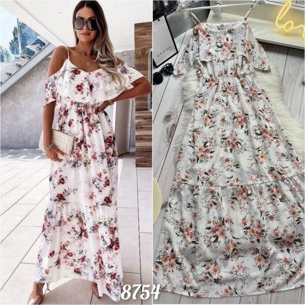 Dress long neckline flounce with flowers white R754