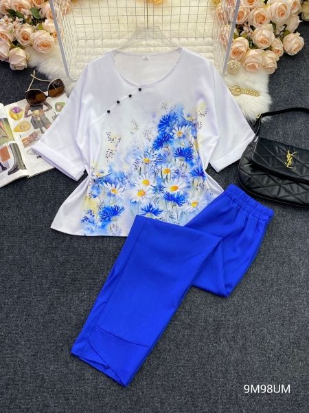 Two-piece suit Size plus daisy with blue trousers M98 UM