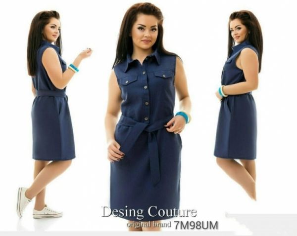 Dress with belt and short sleeves SIZE PLUS Dark blue M98UM