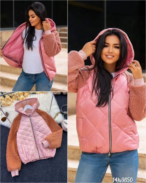 Jacket with hood, lamb sleeves, peach M50