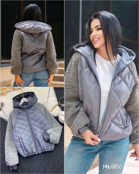 Jacket with hood, lamb sleeves gray M50