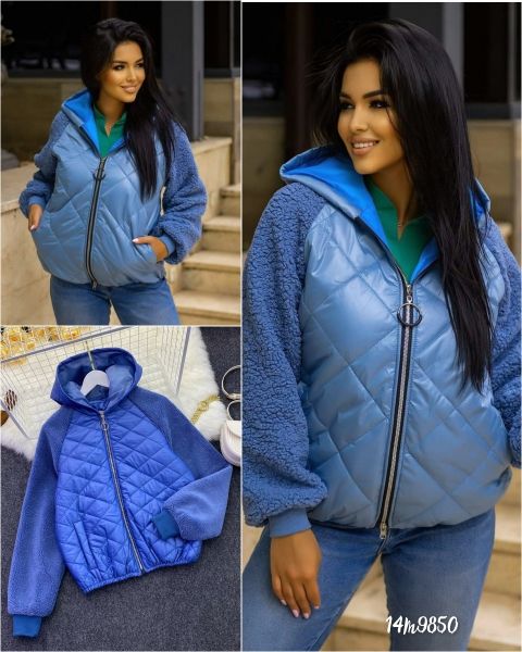 Jacket with hood, lamb sleeves, blue M50