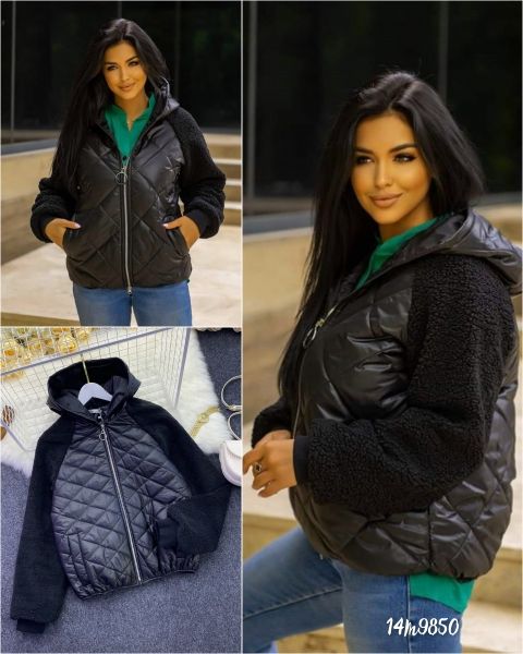 Jacket with hood, lamb sleeves, black M50