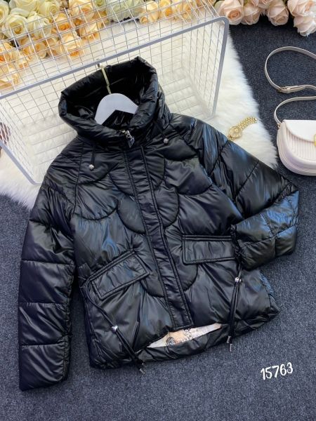 Jacket with hood, black quilted F763