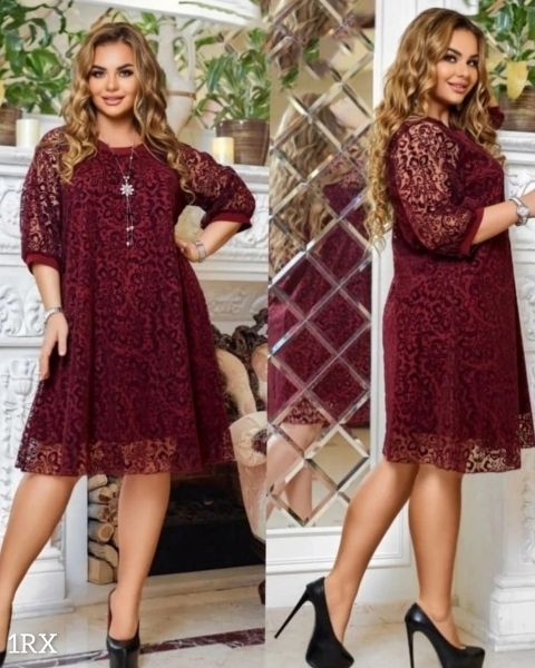 Dress SIZE PLUS mesh pattern 3/4 sleeves burgundy RX