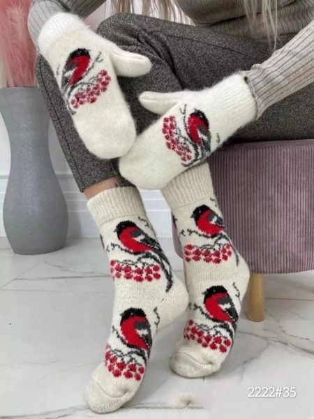 Set of mittens and socks, sheep wool bullfinches 10.23