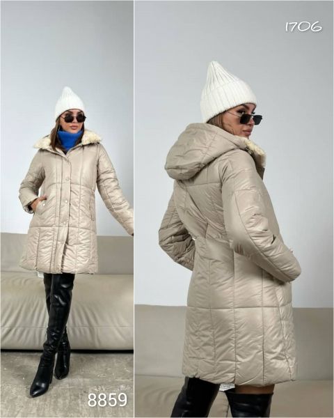 Jacket with hood and fur collar, beige 8859 RH06