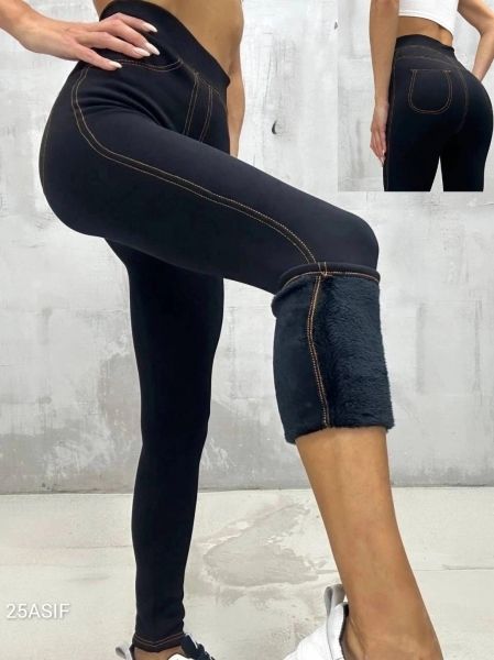 Leggings with fur with imitation pockets for jeans, black MT