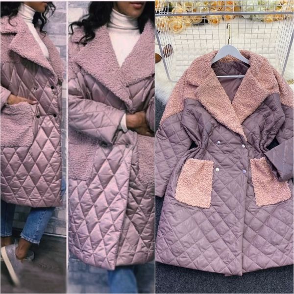 Long jacket on synthetic padding with lamb fur powder G250