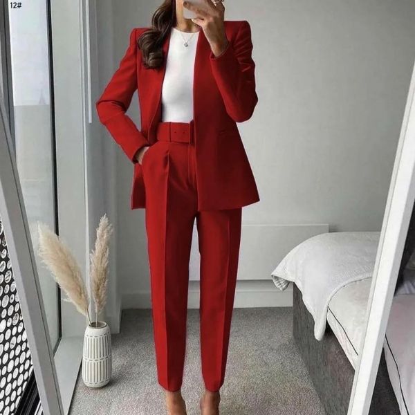 Classic suit jacket with belt and trousers red BEK