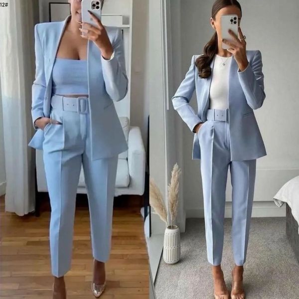 Classic suit jacket with belt and trousers blue BEK