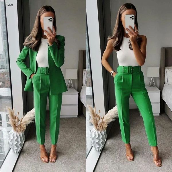 Classic suit jacket with belt and trousers green BEK