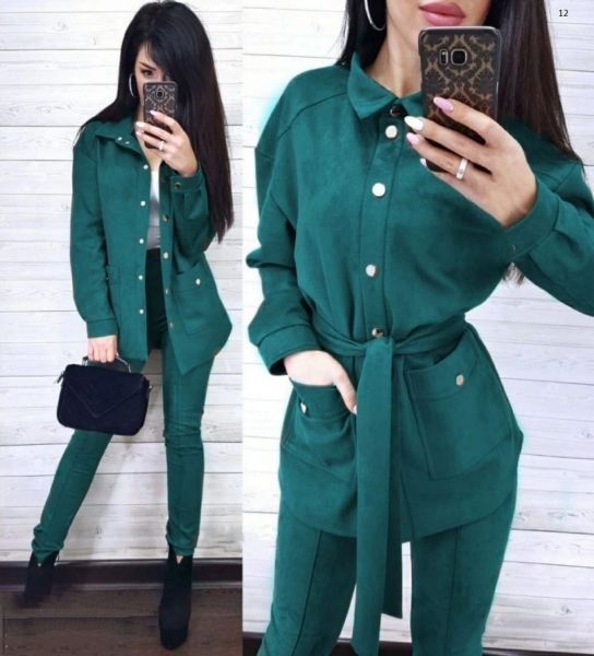 Suit with two-piece belt, suede, spandex, green RX BEK