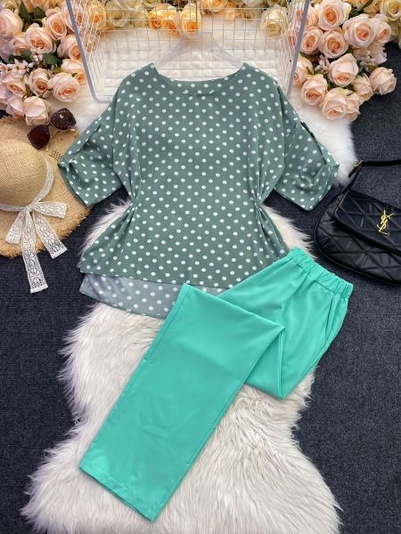 Suit Size plus two-piece top with polka dots Turquoise S2778