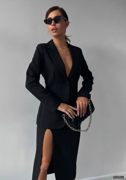 Jacket and skirt with midi slit black IS109