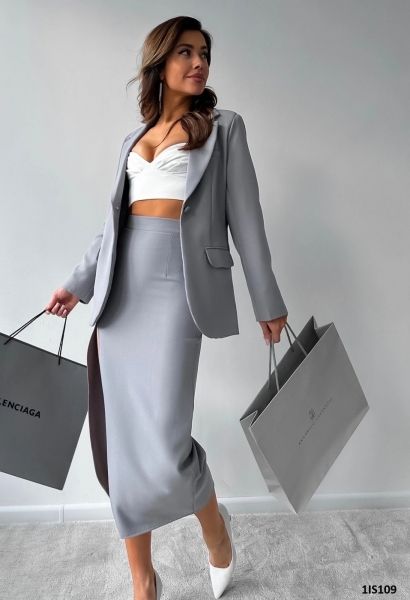 Jacket and skirt with midi slit light gray IS109