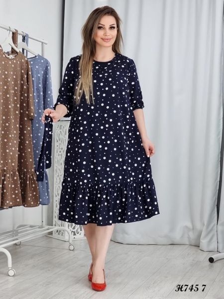 Dress SIZE PLUS soft polka dot dark blue H745