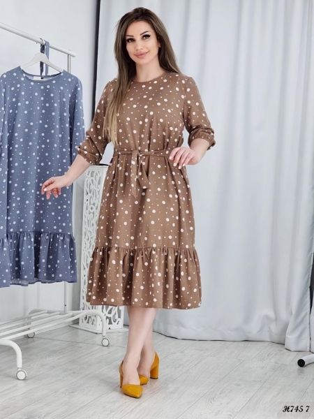 Dress SIZE PLUS soft cappuccino polka dots H745