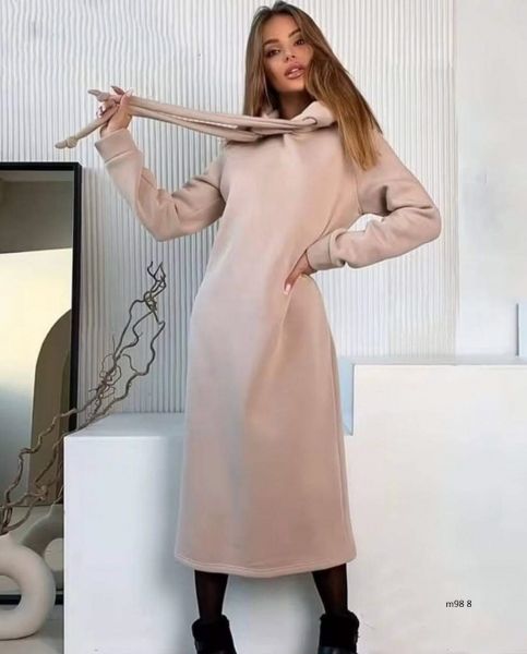 Insulated tunic-dress with hood, beige M98