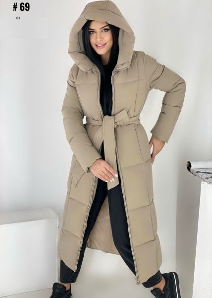 Long quilted coat with cappuccino belt 69 DIM