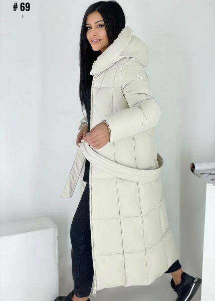 Long quilted coat with belt, milky 69 DIM