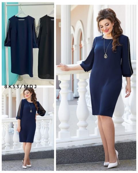 Dress Size Plus mesh rhinestones on sleeves and back dark blue M29 K53 10.23